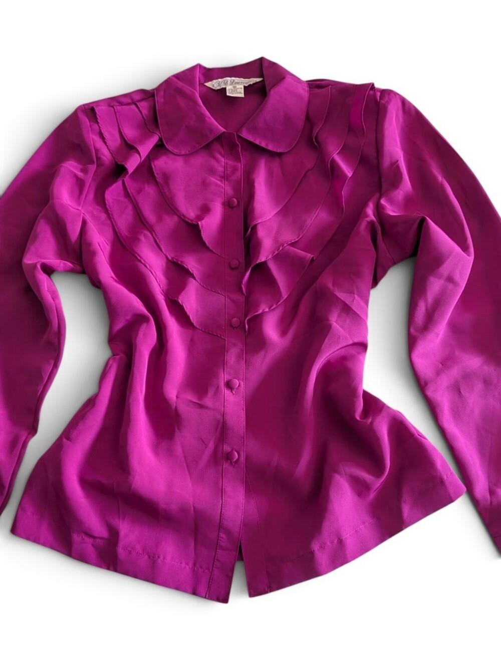 VTG 80s/90s K.B. Lawrence Magenta Tiered Ruffle Front Button-Down Blouse
